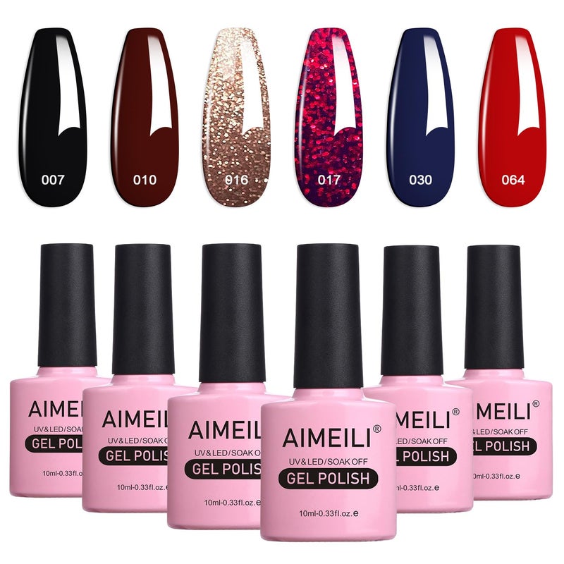 AIMEILI Hema Free Gel Nail Polish, Cruelty Free, Vegan, Soak Off U V LED Nail Lacquer, Black Wine Red Blue Glitter Color Gel Set Of 6pcs X 10ml - Kit Set 21 - Image 1