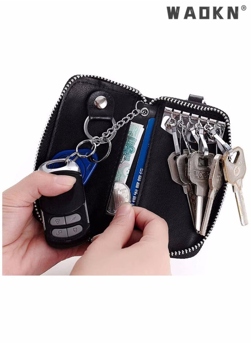 WAOKN PU Leather Car Key Case Car Smart Key Chain Coin Holder Smart Key Holder Protection Car key Chain Bag Auto Remote Keyring Wallet Key Wallet Card Wallet Leather Wallet Black  - Image 3
