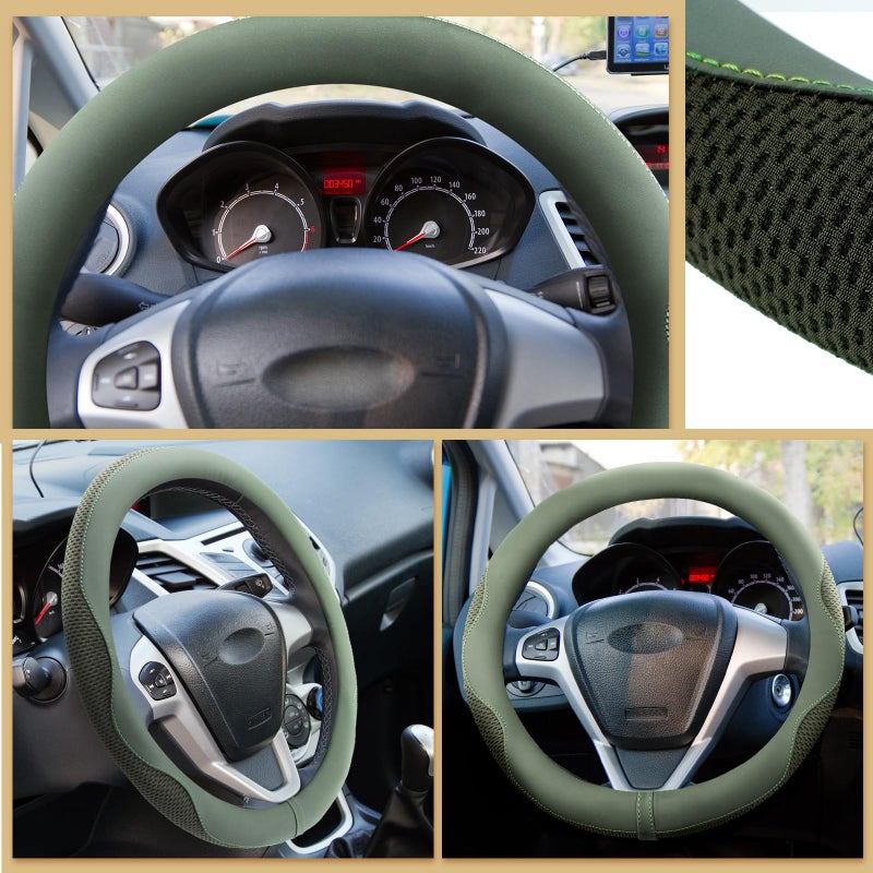 BBTO 4 Car Accessory Set, Steering Wheel Cover, Ceramic Coasters, Daisy Flower Clip Air Freshener, Crystal Hanging Ornament for Women(Sage Green) - Image 4