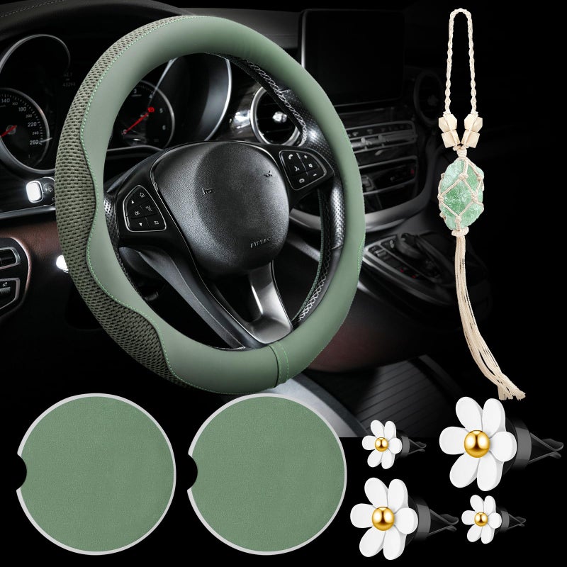 BBTO 4 Car Accessory Set, Steering Wheel Cover, Ceramic Coasters, Daisy Flower Clip Air Freshener, Crystal Hanging Ornament for Women(Sage Green) - Image 1