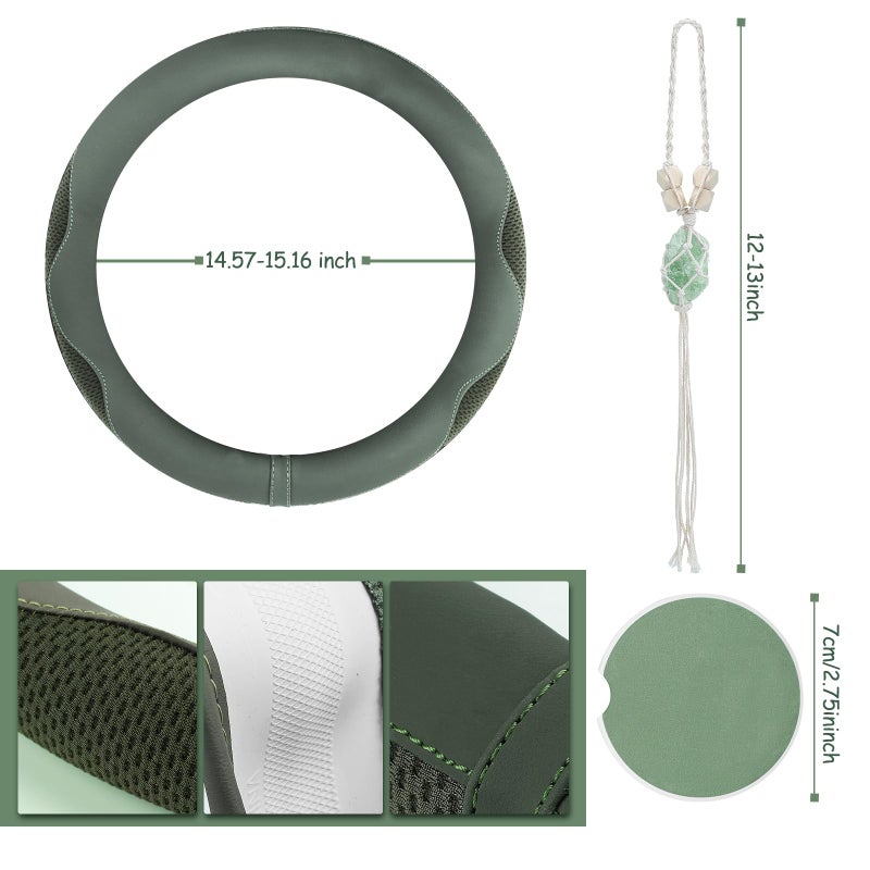 BBTO 4 Car Accessory Set, Steering Wheel Cover, Ceramic Coasters, Daisy Flower Clip Air Freshener, Crystal Hanging Ornament for Women(Sage Green) - Image 3