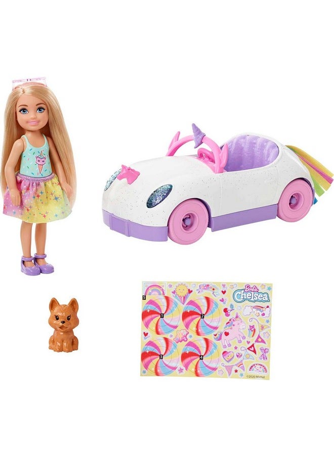 Barbie دُمية نادي تشيلسي (6 إنش شقراء) مع سيارة ذات ط-theme قوس قزح مفتوحة، جرو، ورقة ملصقات وإكسسوارات، هدية للأعمار من 3 سنوات وما فوق  - Image 1