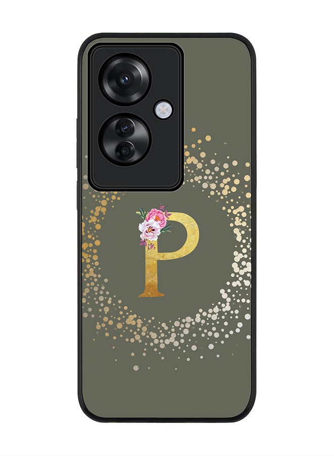Stylizedd Rugged Black edge case for Oppo Reno11 F / Oppo F25 Pro 5G,Slim fit Cover Custom Monogram Initial Letter Floral Pattern Alphabet - P (Olive Green) - Image 1