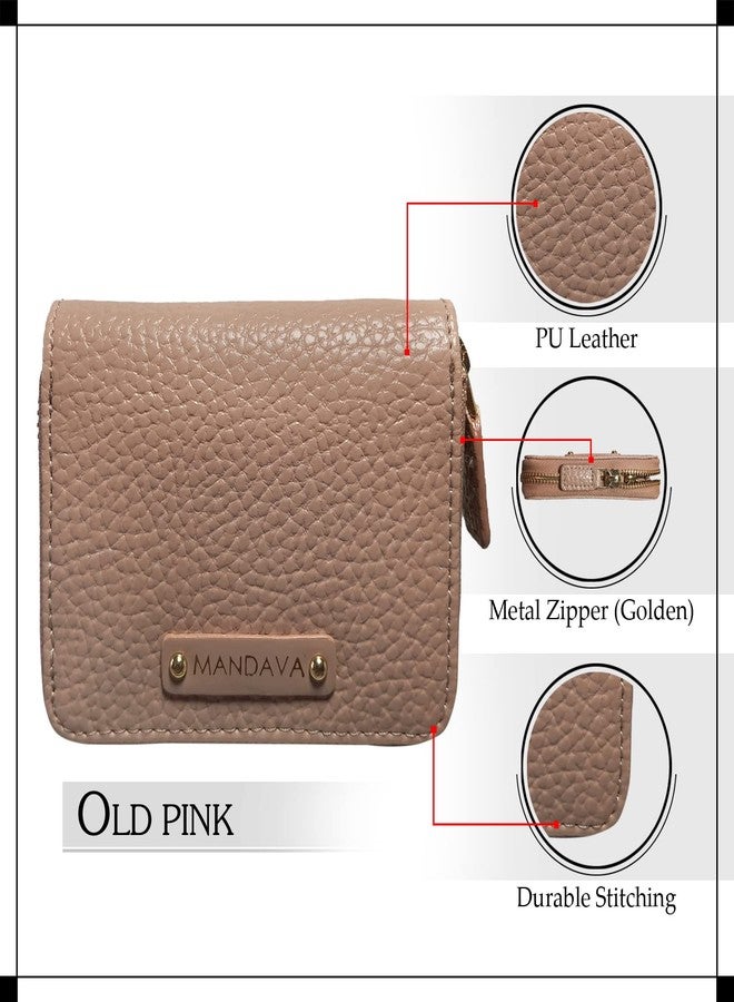 MANDAVA Women's Small PU Leather Wallet | Ladies Slim Compact Card Holder Organizer Zipper Coin Purse (Old Pink) - Image 3