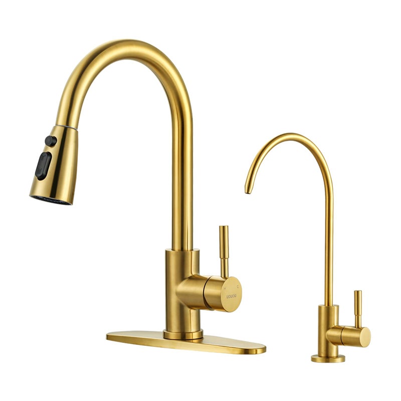 Kitchen Faucet and Water Filter Faucet Combo WOWOW Stainless Steel Kitchen Sink Faucet with Drinking Water Faucet for Reverse Osmosis or Water Filtration System Brushed Gold