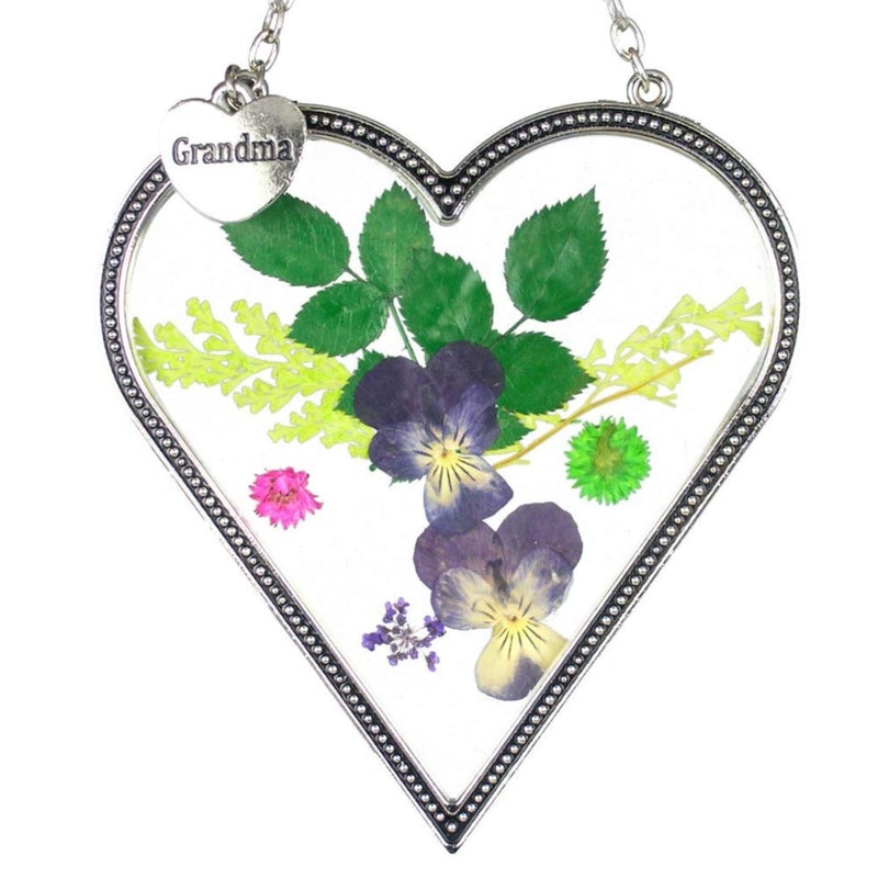 BANBERRY DESIGNS Grandma Window Suncatcher  Pressed Flower Sun Catcher with Grandma Heart Charm  4 H x 35 W  Heart Shaped Hanging Decoration with Suction Cup 
