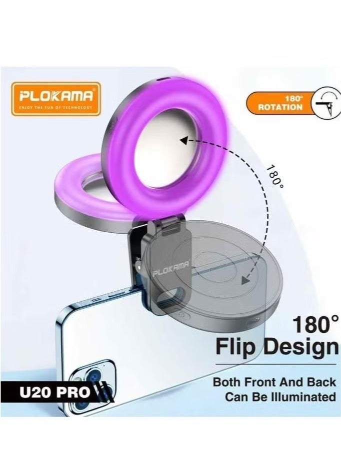 PLOKAMA U20 PRO Ring Selfie Mirror Mini RGB Clip LED Fill Light with Tripod Clamp – Adjustable Brightness Portable Video Light for Mobile Phones & Cameras, Makeup, and Vlogging (Black) - Image 2