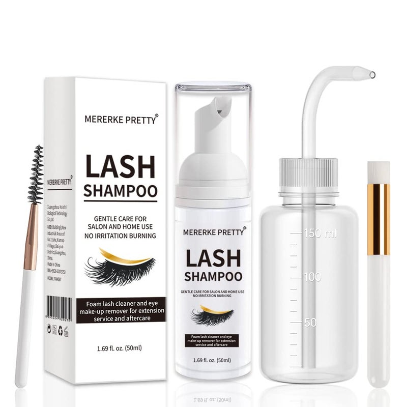 Mererke_Pretty Eyelash Extension Cleanser 50 ml + Brushes + Rinse Bottle Eyelid Foaming Cleanser, Lash Foam Shampoo for Extensions and Natural Lashes, Makeup Remover For Salon and Home Use - Image 1