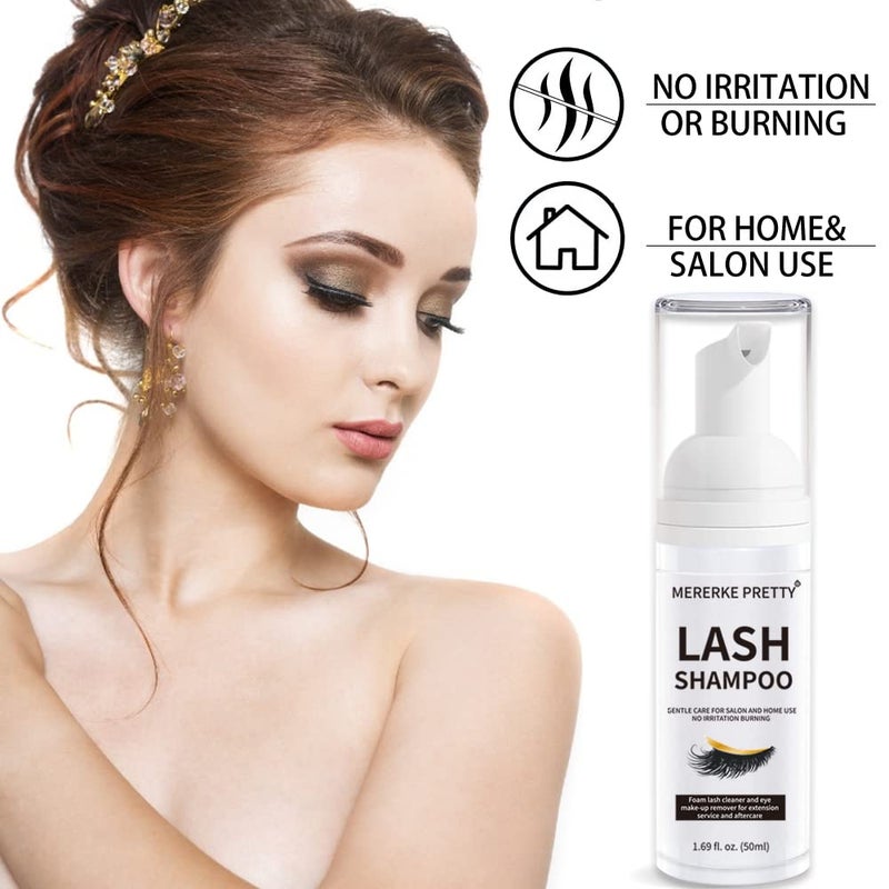 Mererke_Pretty Eyelash Extension Cleanser 50 ml + Brushes + Rinse Bottle Eyelid Foaming Cleanser, Lash Foam Shampoo for Extensions and Natural Lashes, Makeup Remover For Salon and Home Use - Image 2
