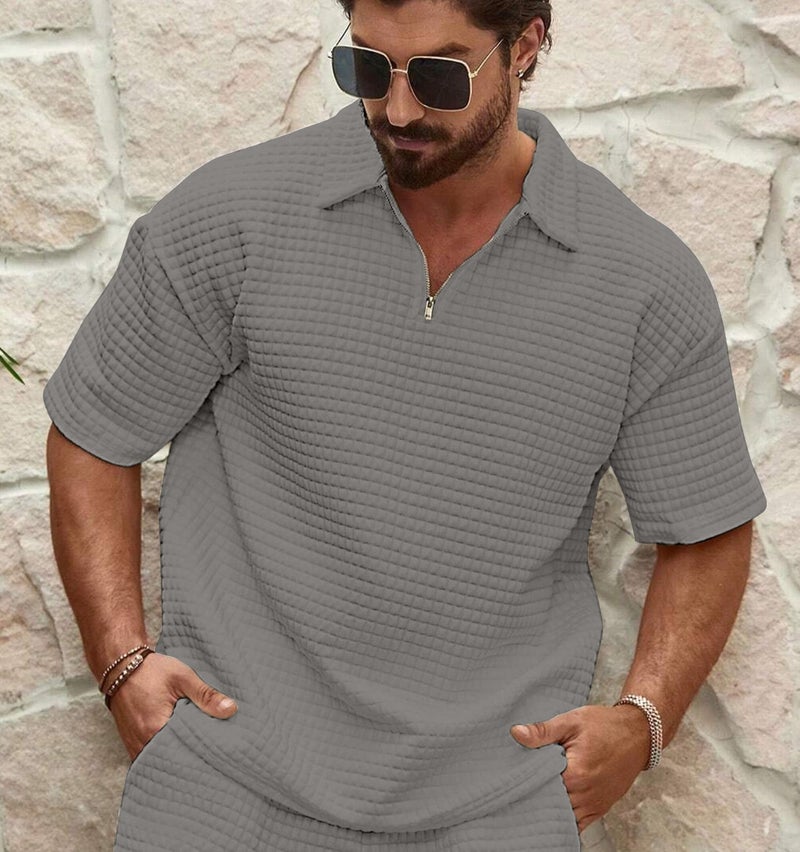 KAJARU Men's Polyester Polo T Shirt with Zip Spread Collar Neck Line Half Sleeves Solid Pattern Regular Fit and Standard Length_2XL Grey - Image 2