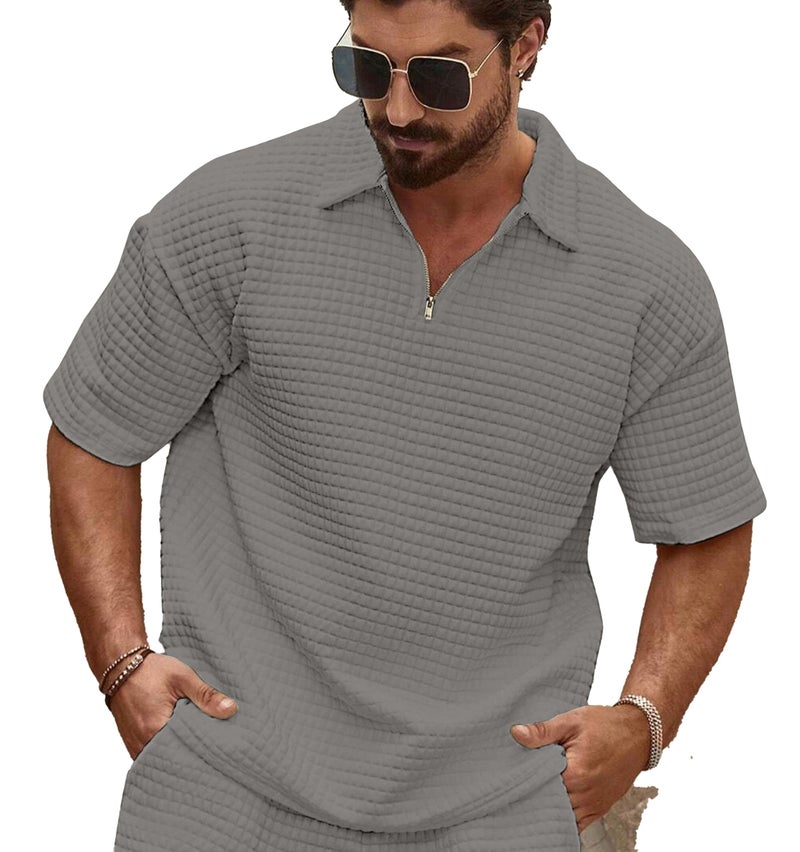 KAJARU Men's Polyester Polo T Shirt with Zip Spread Collar Neck Line Half Sleeves Solid Pattern Regular Fit and Standard Length_2XL Grey - Image 1