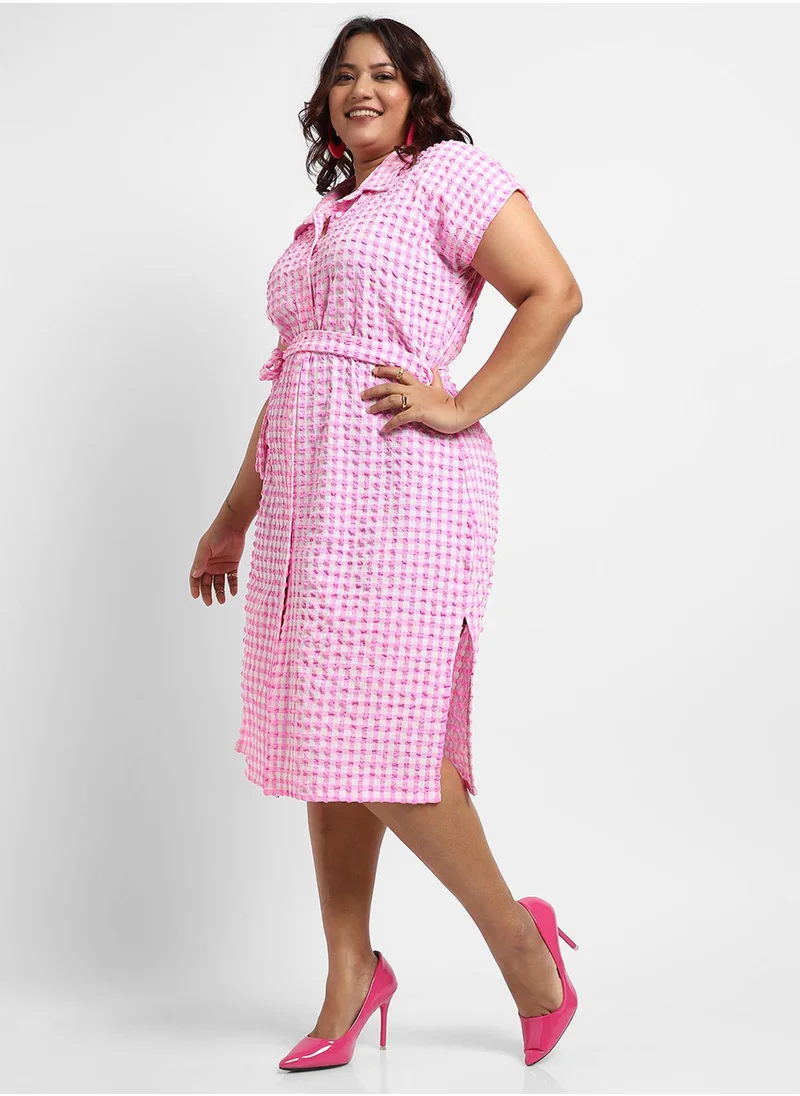 Instafab Plus Women's Pink Button-Front Gingham Dress
