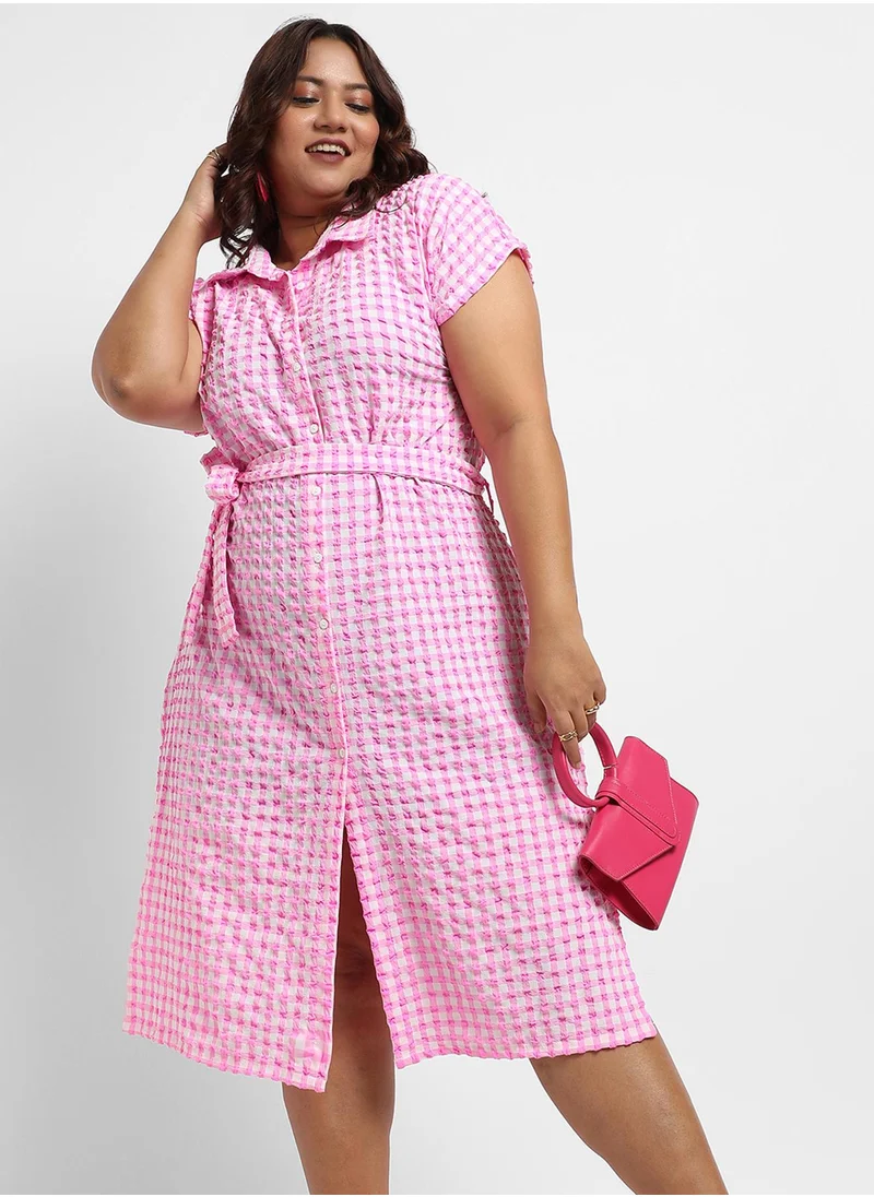 Instafab Plus Women's Pink Button-Front Gingham Dress
