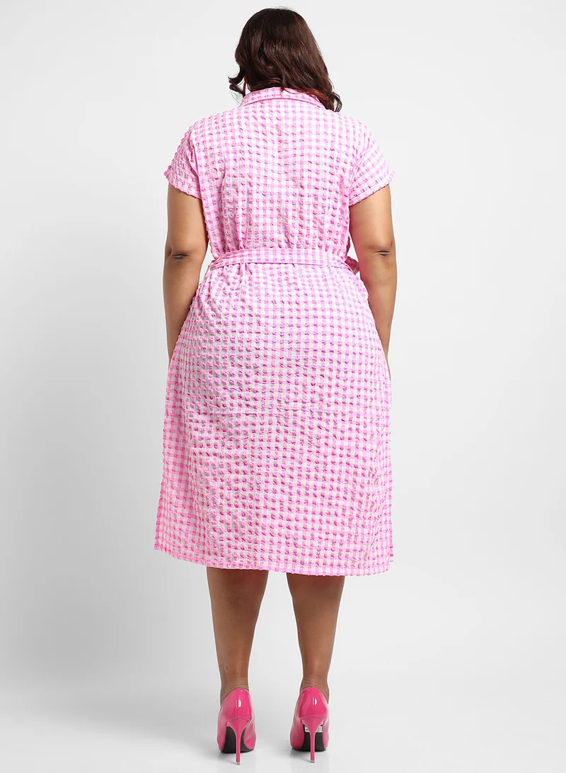 Instafab Plus Women's Pink Button-Front Gingham Dress