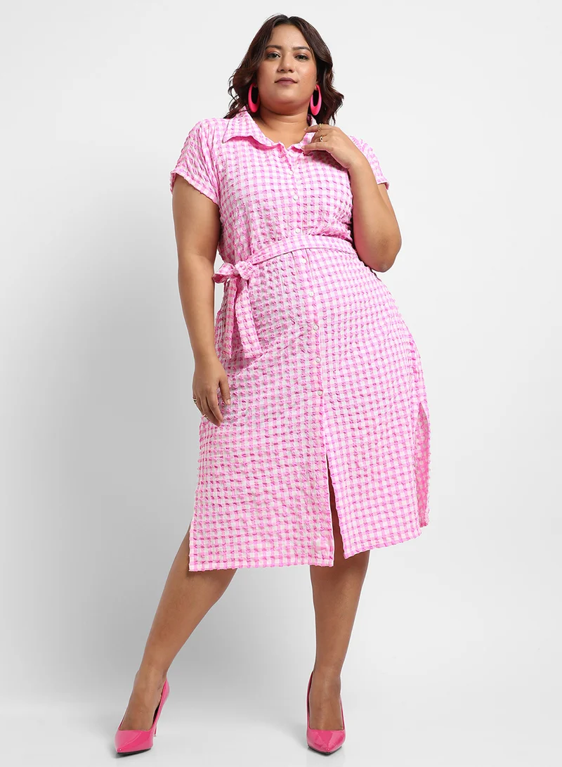 Instafab Plus Women's Pink Button-Front Gingham Dress