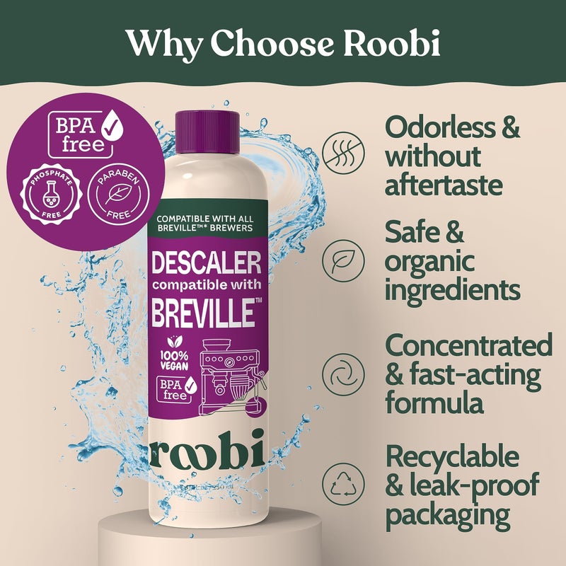 Roobi Breville Compatible Descaling Solution. Specially Formulated to Clean & Descale your Breville Espresso Machine. 2 Uses per Bottle, 2 Pack. Eco-Friendly Carbon Neutral Descaler Kit. - Image 5