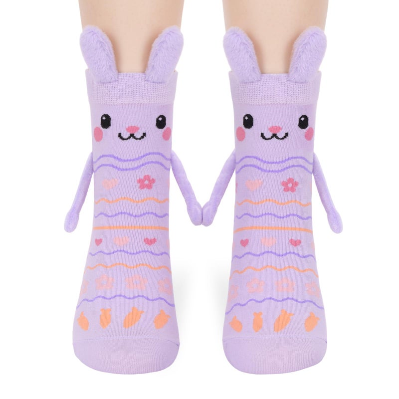 FreeNFond Easter Bunny Socks with Magnetic Holding Hands, Crazy Socks for Kids Women, Funny Gifts for Easter Basket Stuffers (Purple) - Image 1