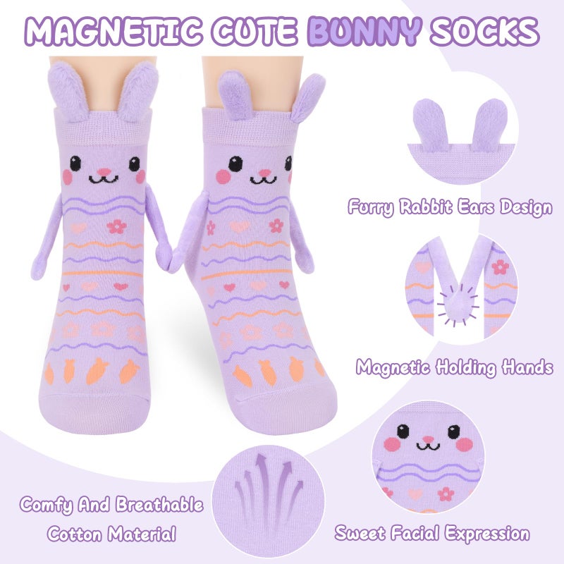 FreeNFond Easter Bunny Socks with Magnetic Holding Hands, Crazy Socks for Kids Women, Funny Gifts for Easter Basket Stuffers (Purple) - Image 3