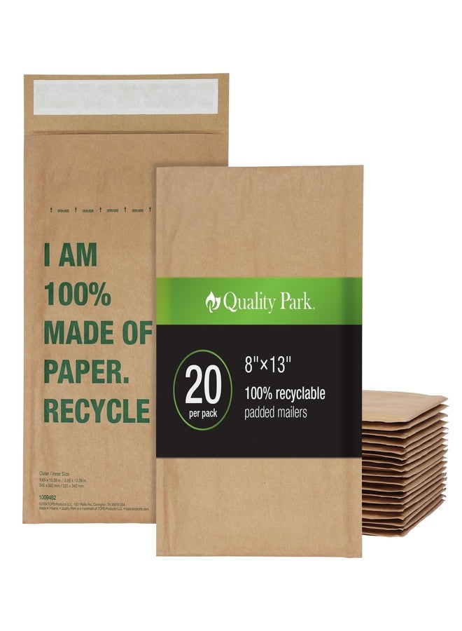 Quality Park 8 x 13 Curbside Recyclable Mailers, Brown Kraft Paper Padded Mailers, Self Seal Closure is Made with Water Based Glue, 100% Recyclable Materials, 20 Pack (1009462) - Image 1