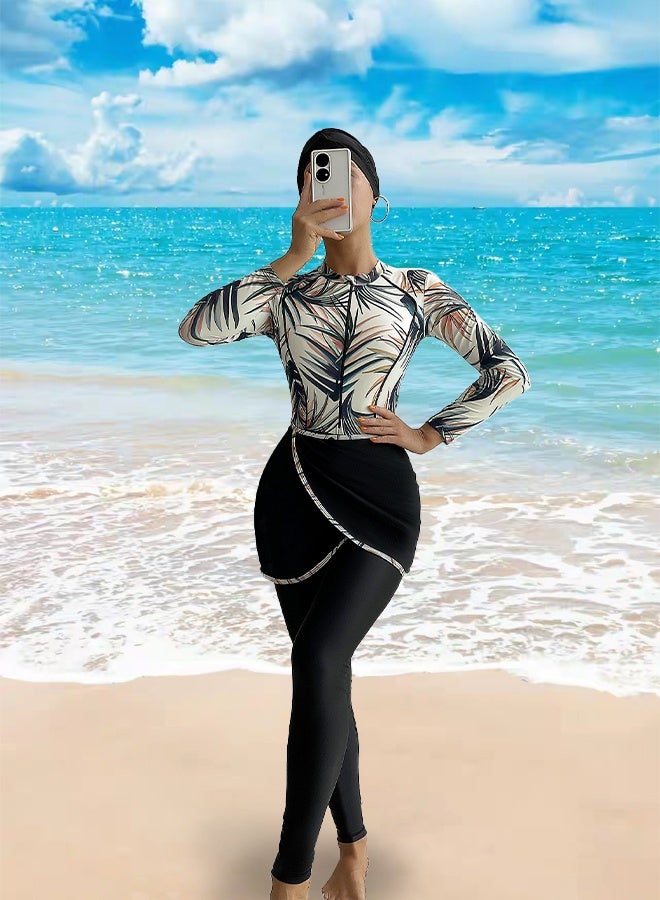 DUNISO Womens' Muslim Swimwear Full Cover Long Sleeve Swimming Top Pants Floral Modest Swimwear Full Cover Islamic Swimming Costume Long Sleeve Zipper Sun Protection Beachwear - Image 2