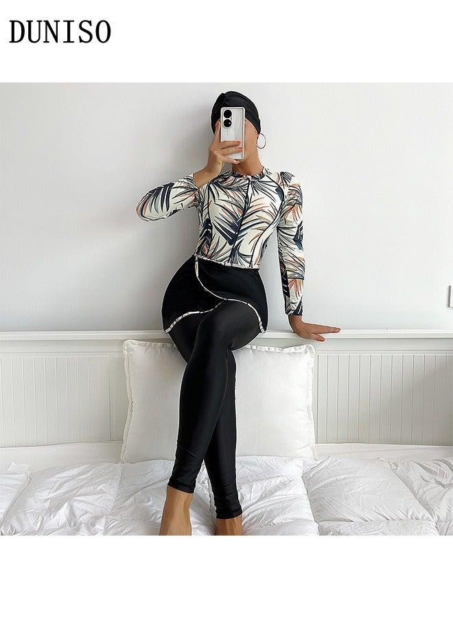 DUNISO Womens' Muslim Swimwear Full Cover Long Sleeve Swimming Top Pants Floral Modest Swimwear Full Cover Islamic Swimming Costume Long Sleeve Zipper Sun Protection Beachwear - Image 1