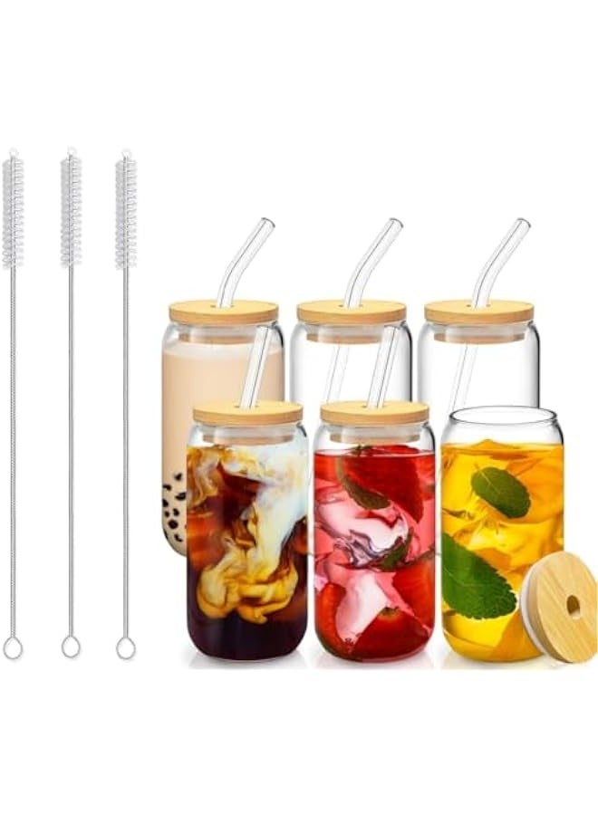 تراسل أكواب زجاجية على شكل علب 16 أونصة، أكواب شرب مع أغطية من الخيزران وقشات زجاجية، مع فرشتين للتنظيف، كوكتيل، كوب زجاجي للقهوة المثلجة، الصودا، العصائر، الكوكتيل، إلخ.  - Image 1