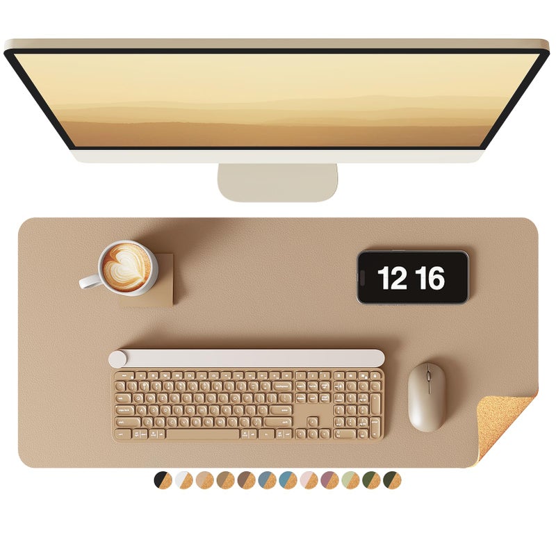 YSAGi Double-Sided Desk Pad, Leather Desk Mat, Eco Cork Desk Pad Protector, Large Mouse Pad for Desk, Waterproof Desk Blotter Pad, Writing Pad for Office/Home(23.6"x13.7",Apricot) - Image 1