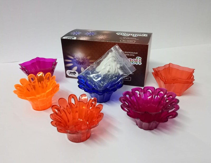 Denique Denique Plastic 12 Design Transparent Special Reusable Diya Deepak Colourful 3D Reflection Diya Combo Diya Deepak Decorative Diwali Deepak Oil Diye for DecorationMulticolour  - Image 4
