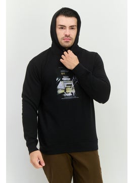Men Hooded Long Sleeves Graphic Print Sweatshirt, Black Combo