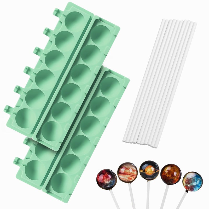 QELEG 2pcs Silicone Lollipop Molds with 100 Paper Sticks 6Capacity 3D Round Hard Candy Ice Ball Molds for DIY Chocolate Cake Pop