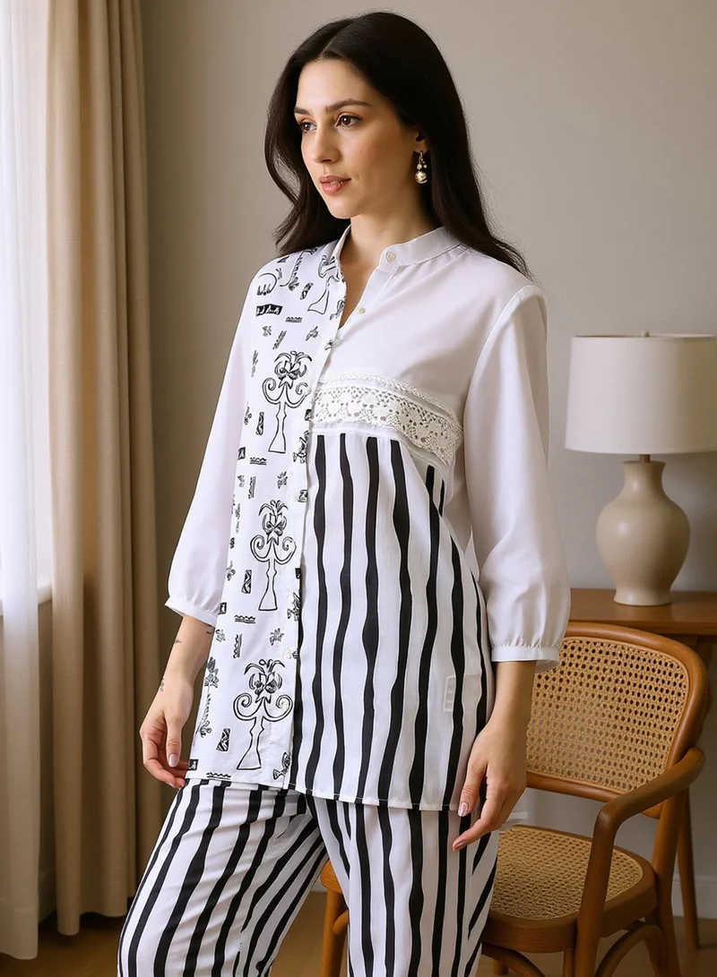 QISSA Women's Midnight Black:Off-White Striped Block Print Kurti With Trousers For Ethnic Wear | Mandarin Collar, Long Regular Sleeves | Abstract Print Plain Fabric | 2 Piece Kurta Set Designed For Casual & Daily Wear