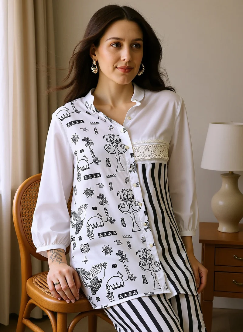  قصة Qissa Women's Midnight Black:Off-White Striped Block Print Kurti With Trousers For Ethnic Wear | Mandarin Collar, Long Regular Sleeves | Abstract Print Plain Fabric | 2 Piece Kurta Set Designed For Casual & Daily Wear
