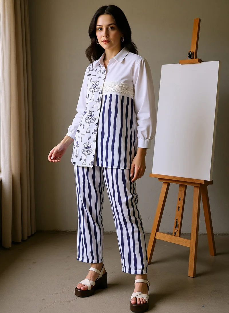QISSA Women's Midnight Black:Off-White Striped Block Print Kurti With Trousers For Ethnic Wear | Mandarin Collar, Long Regular Sleeves | Abstract Print Plain Fabric | 2 Piece Kurta Set Designed For Casual & Daily Wear