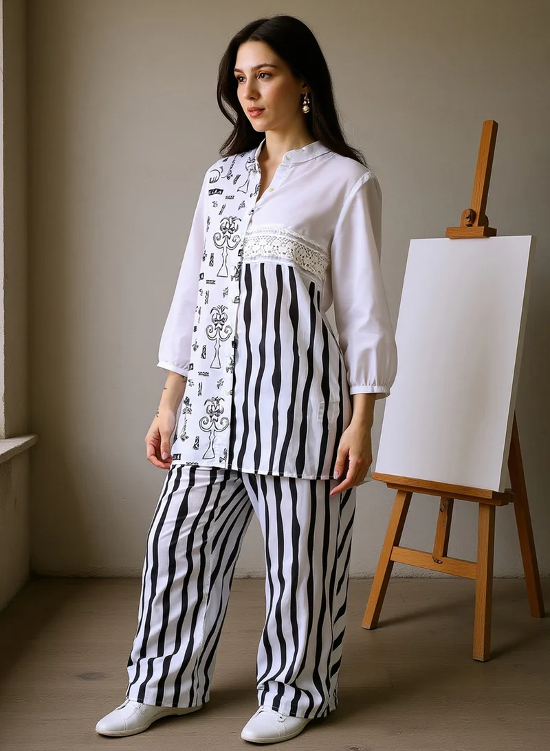 QISSA Women's Midnight Black:Off-White Striped Block Print Kurti With Trousers For Ethnic Wear | Mandarin Collar, Long Regular Sleeves | Abstract Print Plain Fabric | 2 Piece Kurta Set Designed For Casual & Daily Wear