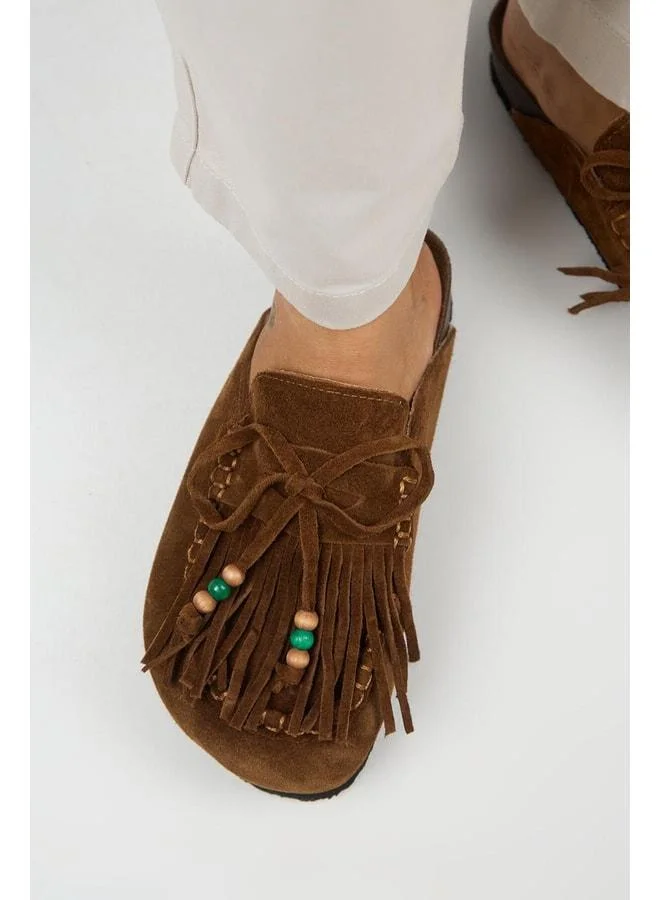 Malinda Women's Genuine Leather Fringed Beaded Detailed Sabo Taba Sandal.
