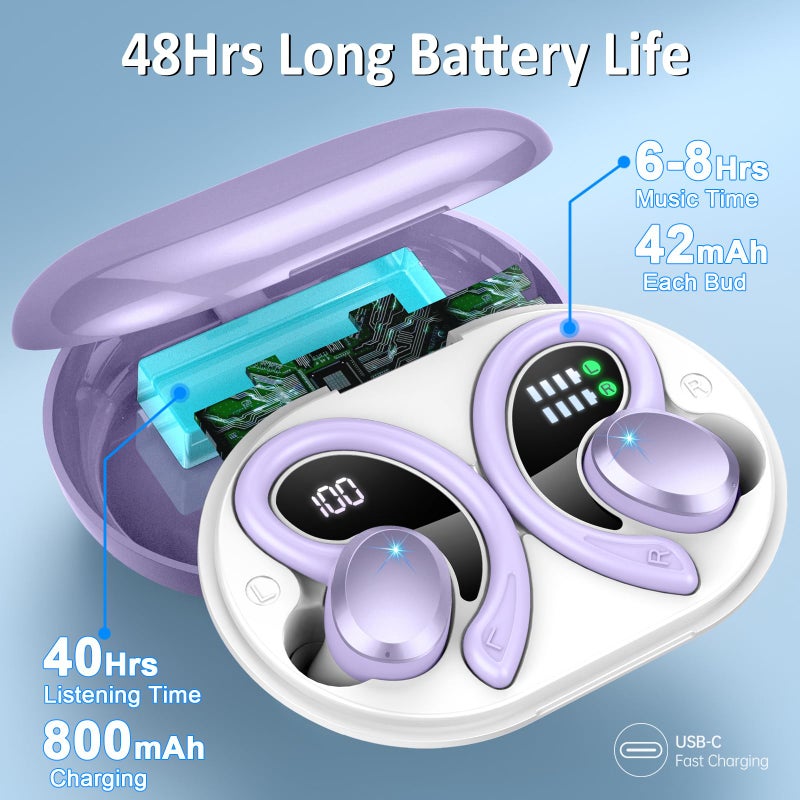 Rulefiss Wireless Earbuds Bluetooth Headphone Sport, Bluetooth 5.3 Earbud 3D HiFi Stereo Over Ear Buds, 48Hrs Earhooks Earphone with Noise Cancelling Mic, IP7 Waterproof Headset for Workout/Running/Gym, Purple - Image 4