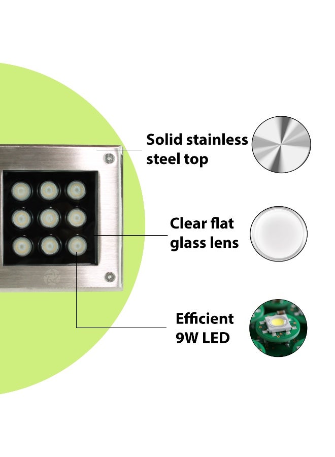 ALFRIDAY Outdoor In‑Ground Square LED Inground Light, 9W 3000K IP65, Stainless Steel Top - Image 2