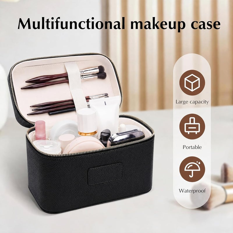 idoltimes Makeup Bag, Cosmetic Case Leather Cosmetic Bag with Removable Divider Waterproof Portable Travel Toiletry Bags Makeup Organizer Case, Black - Image 4