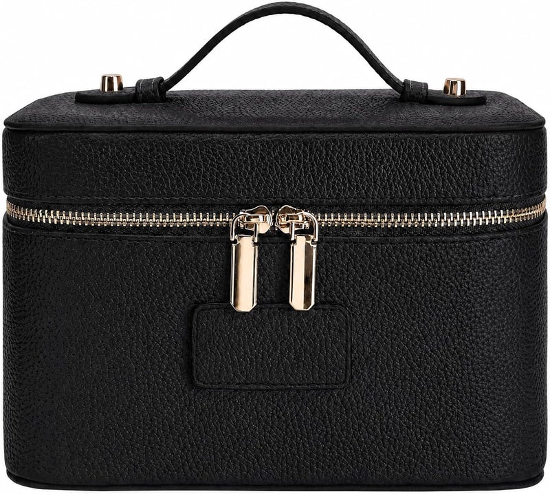 idoltimes Makeup Bag, Cosmetic Case Leather Cosmetic Bag with Removable Divider Waterproof Portable Travel Toiletry Bags Makeup Organizer Case, Black - Image 1