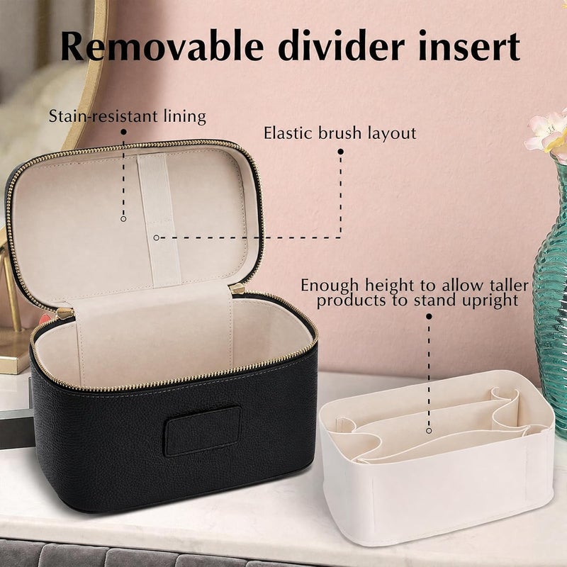 idoltimes Makeup Bag, Cosmetic Case Leather Cosmetic Bag with Removable Divider Waterproof Portable Travel Toiletry Bags Makeup Organizer Case, Black - Image 3