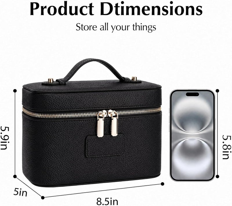 idoltimes Makeup Bag, Cosmetic Case Leather Cosmetic Bag with Removable Divider Waterproof Portable Travel Toiletry Bags Makeup Organizer Case, Black - Image 2