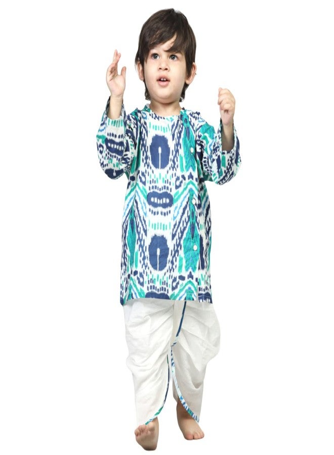 POLKA TOTS Premium Full Sleeve Angrakha Dhoti and Kurta Set - 100% Cotton Traditional Ethnic Wear for Kids Boys| Ultra-soft, Breathable Baby Boy Kurta Set (Peacock Print, 18-24 M) - Image 1