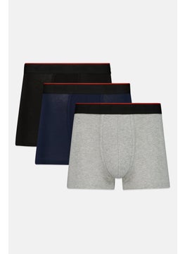 Men 3 Pcs Brand Logo Boxer Brief, Black/Grey/Navy