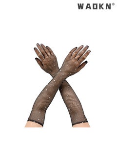 WAOKN Black Fashionable Hot Diamonds Shiny Mesh Long Gloves,Women Retro Five Finger Arm Sleeves Bouncy and Fishing Nets Elastic Colored Diamonds Gloves for Carnival Party  - Image 3