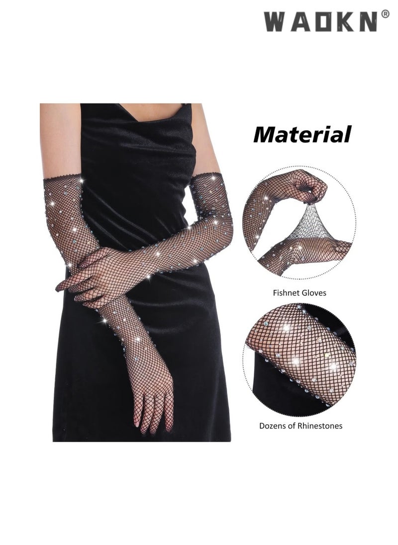 WAOKN - Black Fashionable Hot Diamonds Shiny Mesh Long Gloves,Women Retro Five Finger Arm Sleeves Bouncy and Fishing Nets Elastic Colored Diamonds Gloves for Carnival Party - Image 1