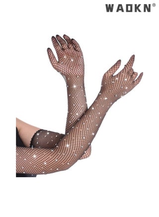 Black Fashionable Hot Diamonds Shiny Mesh Long Gloves,Women Retro Five Finger Arm Sleeves Bouncy and Fishing Nets Elastic Colored Diamonds Gloves for Carnival Party