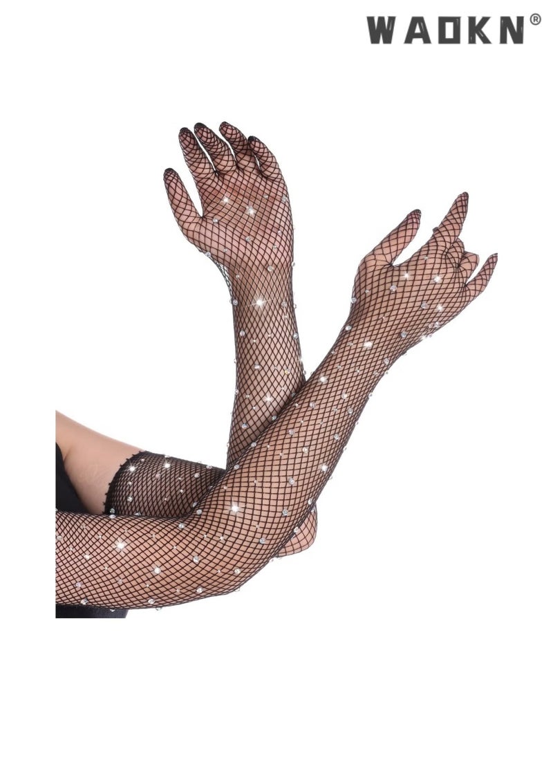 WAOKN - Black Fashionable Hot Diamonds Shiny Mesh Long Gloves,Women Retro Five Finger Arm Sleeves Bouncy and Fishing Nets Elastic Colored Diamonds Gloves for Carnival Party - Image 1