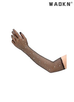 WAOKN Black Fashionable Hot Diamonds Shiny Mesh Long Gloves,Women Retro Five Finger Arm Sleeves Bouncy and Fishing Nets Elastic Colored Diamonds Gloves for Carnival Party  - Image 2