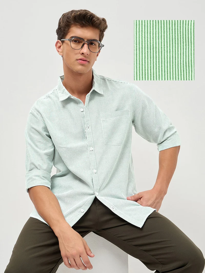 Urbano Fashion  Urbano Fashion Men's Light Green Cotton Full Sleeve Regular Fit Casual Striped Shirt  | Best Price UAE