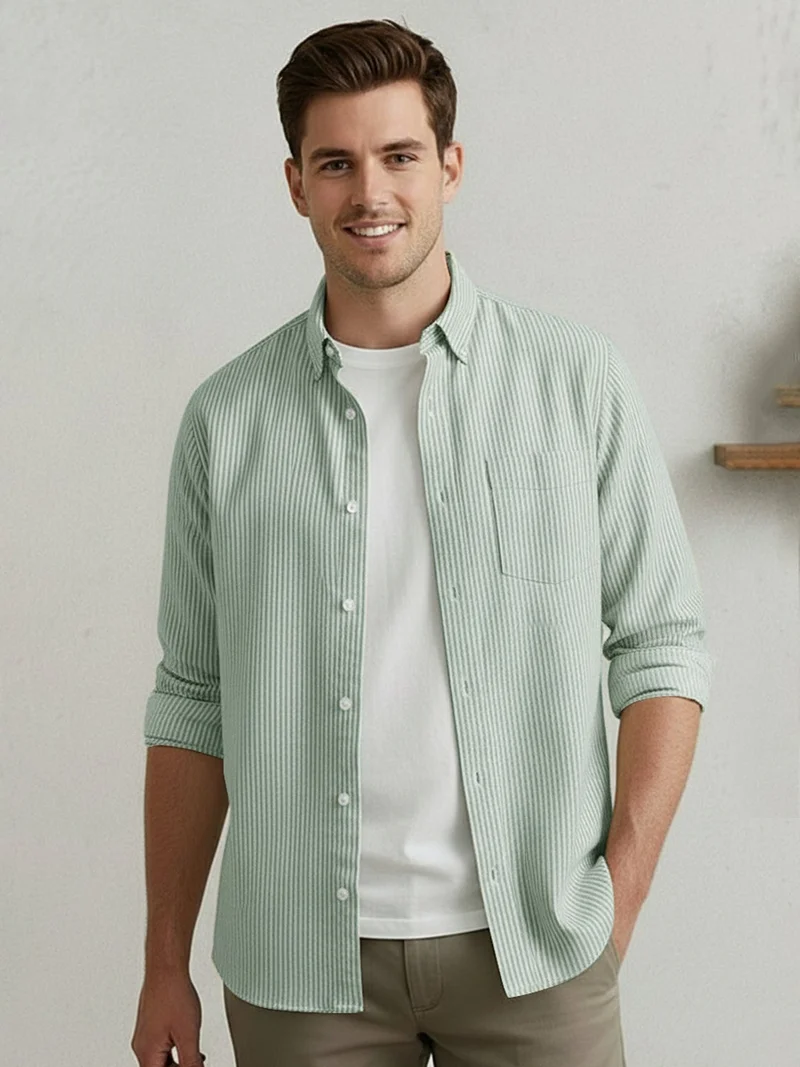 Urbano Fashion Men's Light Green Cotton Full Sleeve Regular Fit Casual Striped Shirt